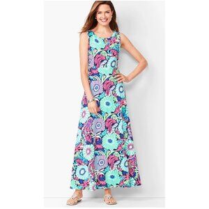 Talbots XS Filigree Bold Floral Jersey Maxi Dress Keyhole  51" L  Pink/Aqua NEW